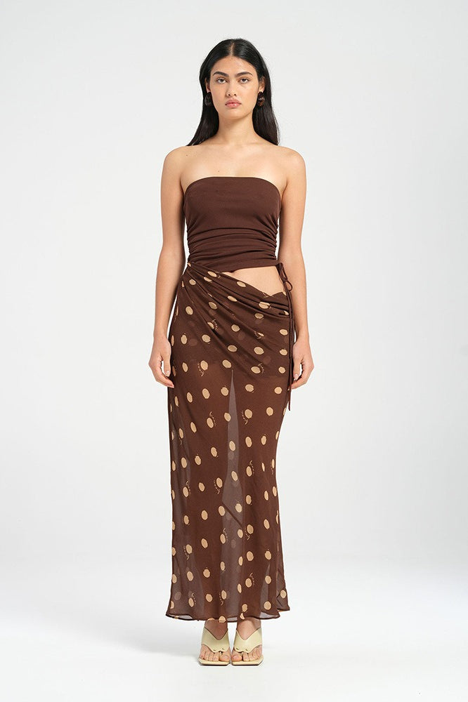 Ruched Strapless Tube Top Low-Rise Polka Dot Maxi Skirt Set