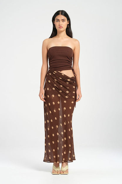 Ruched Strapless Tube Top Low-Rise Polka Dot Maxi Skirt Set