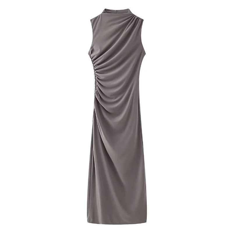 Women Clothing Stand Collar Sleeveless Straight Slim Pleated Decoration Midi Dress