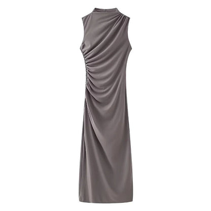 Women Clothing Stand Collar Sleeveless Straight Slim Pleated Decoration Midi Dress