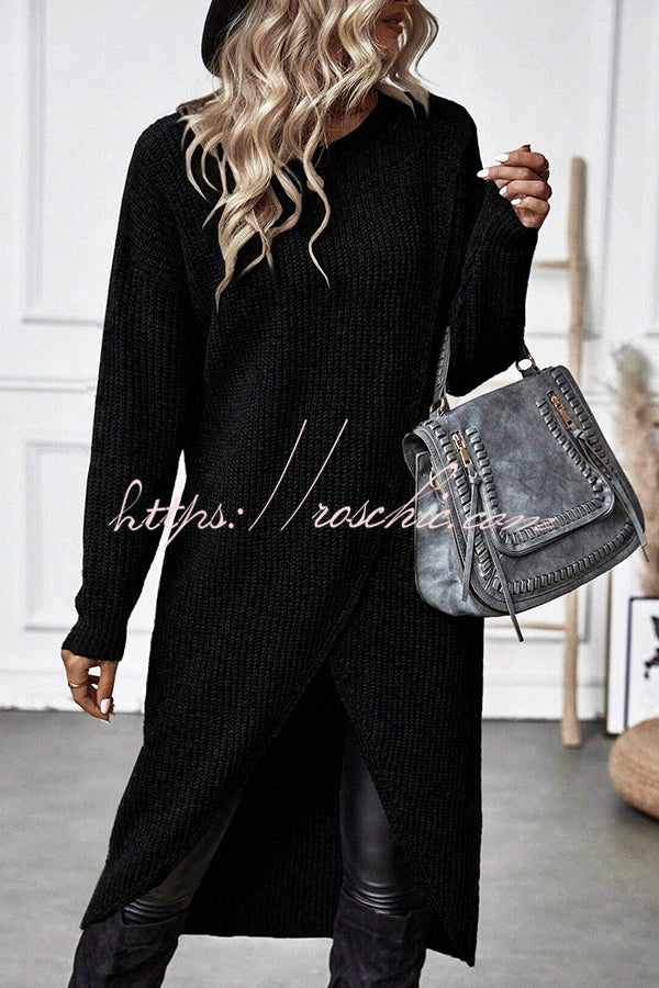 Essence Solid Wrap Hem Knitted Long Sleeve Midi Sweater