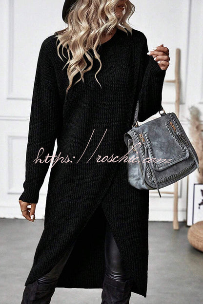 Essence Solid Wrap Hem Knitted Long Sleeve Midi Sweater
