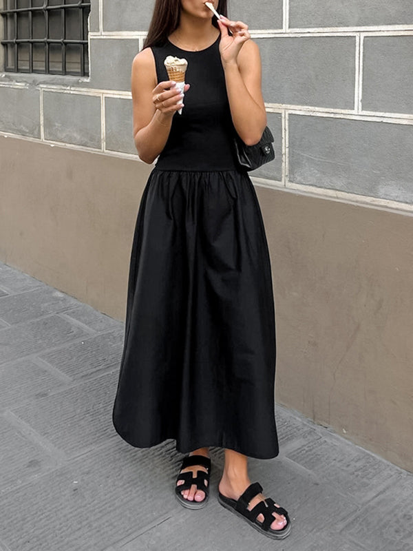A-Line Sleeveless Solid Color Split-Joint Round-Neck Maxi Dresses