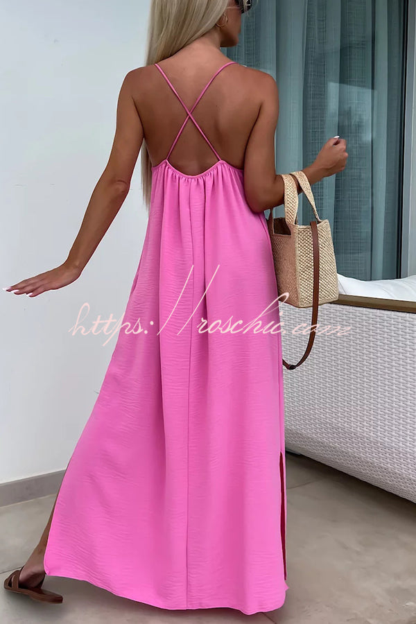 Solid Color Resort Style Spaghetti Strap Backless Maxi Dress
