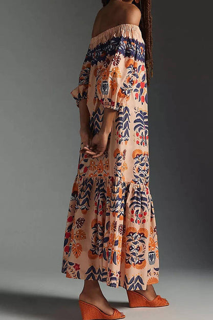 Island Lover Printed Off The Shoulder Pocketed Flowy Midi Dress