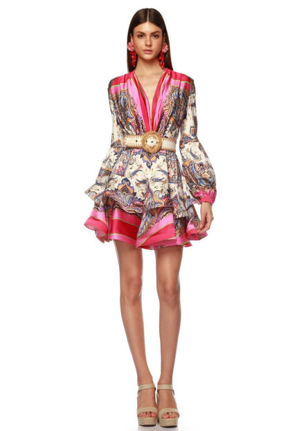 Paisley Print V-Neck Mini Dress With Belt