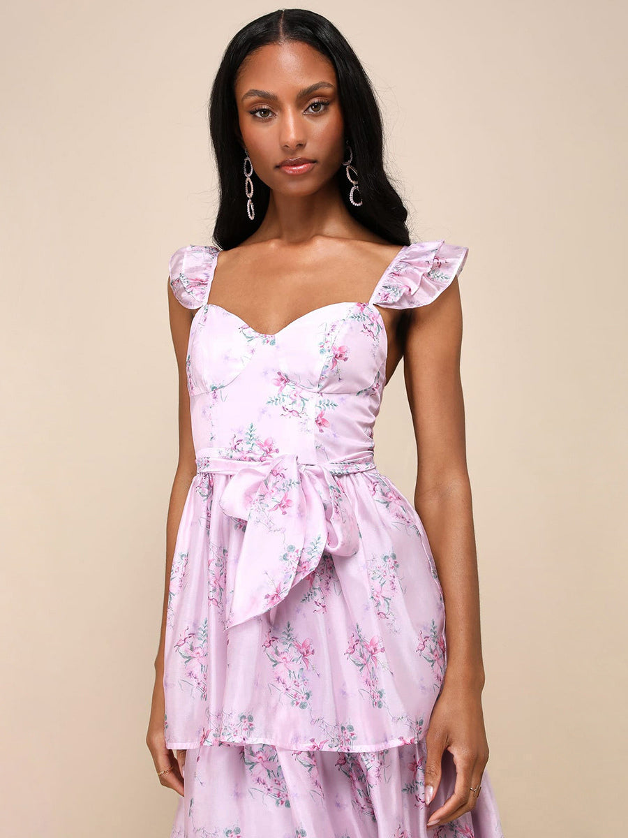 Floral Dress Layered Ruffles Backless High Slit Brunch Party Midi Dresses