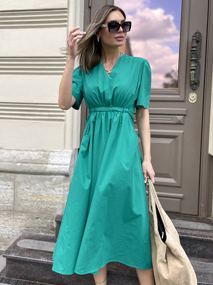 Summer Dress Short Sleeves V-Neck Pleated Pockets Casual Midi Dresses