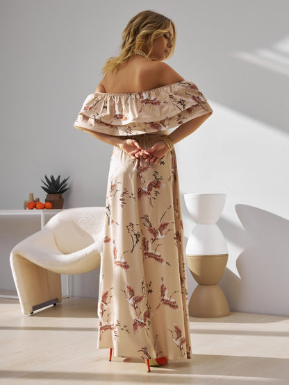 Floral Dress Off The Shoulder High Slit Ruffles Casual Summer Maxi Dresses