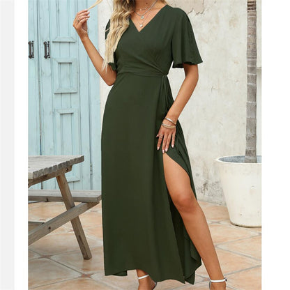 Solid Color V-Neck Slit Maxi Dress for Effortless Style