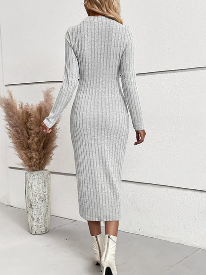 Long Sleeves Skinny Solid Color Split-Joint Round-Neck Midi Dresses Sweater Dresses