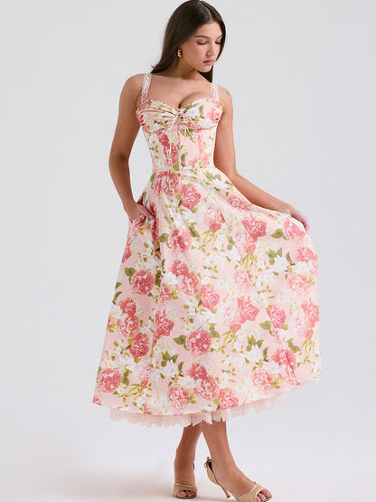 Corset Dress Floral Wide Strap Backless Trendy Brunch Party Midi Dresses