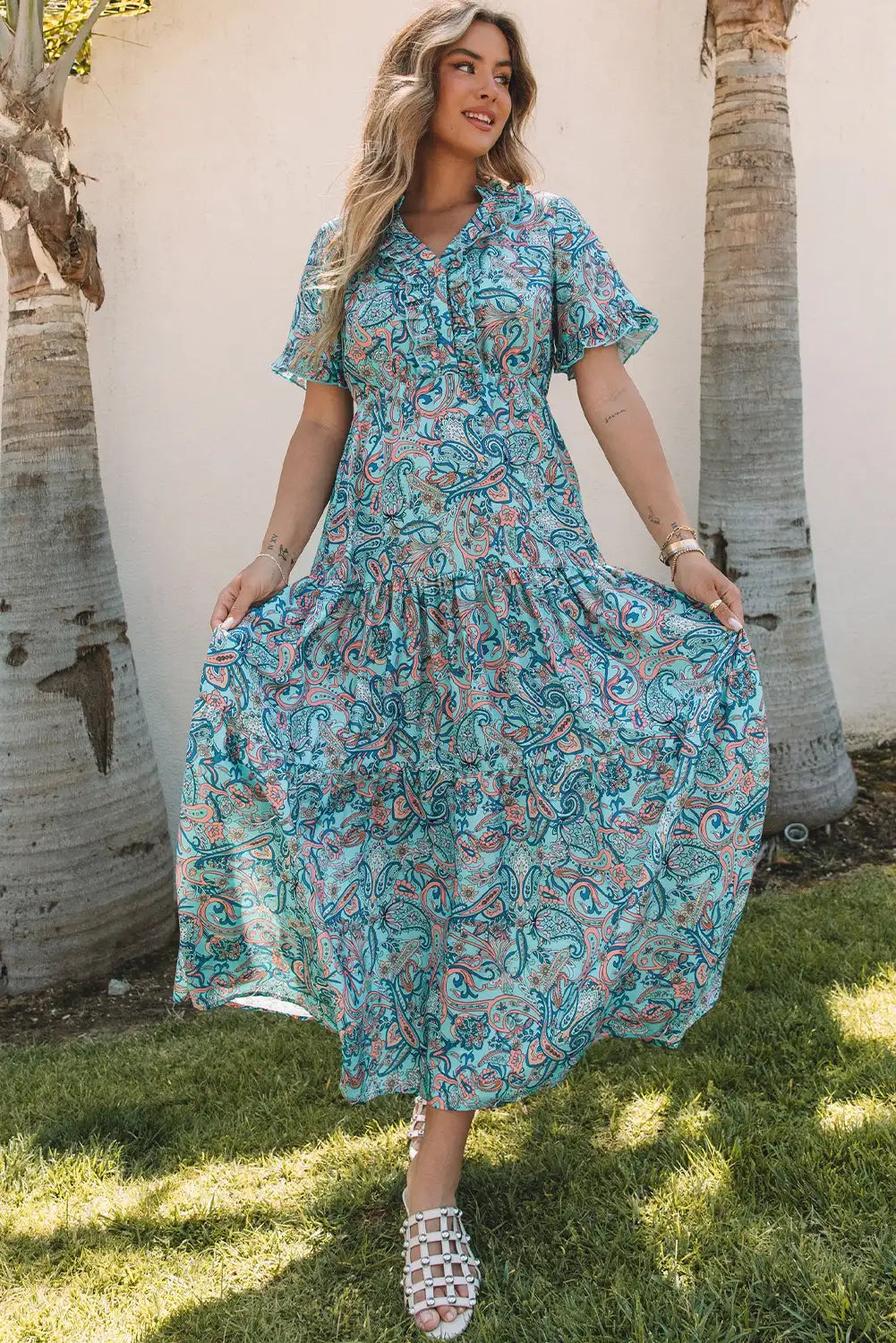 boho paisley print ruffle maxi dress