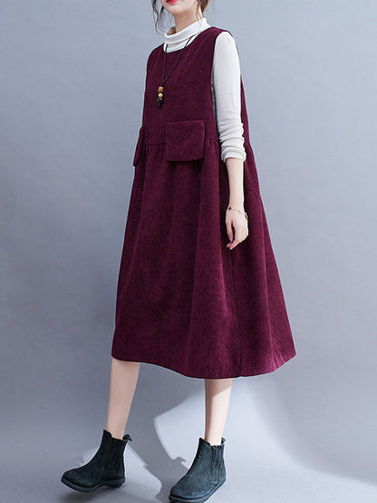 Artistic Retro Loose Sleeveless Solid Color Round-Neck Midi Dresses