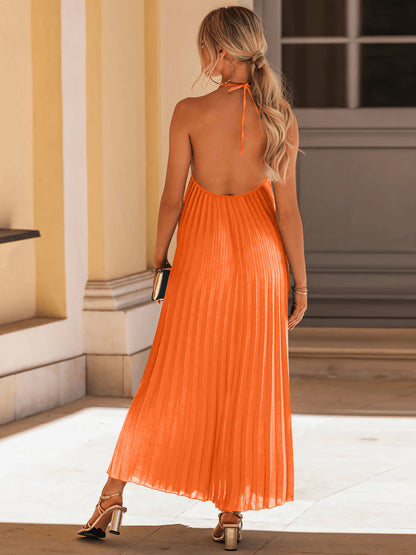 Eleanor Pleated Halter Maxi Dress - Orange