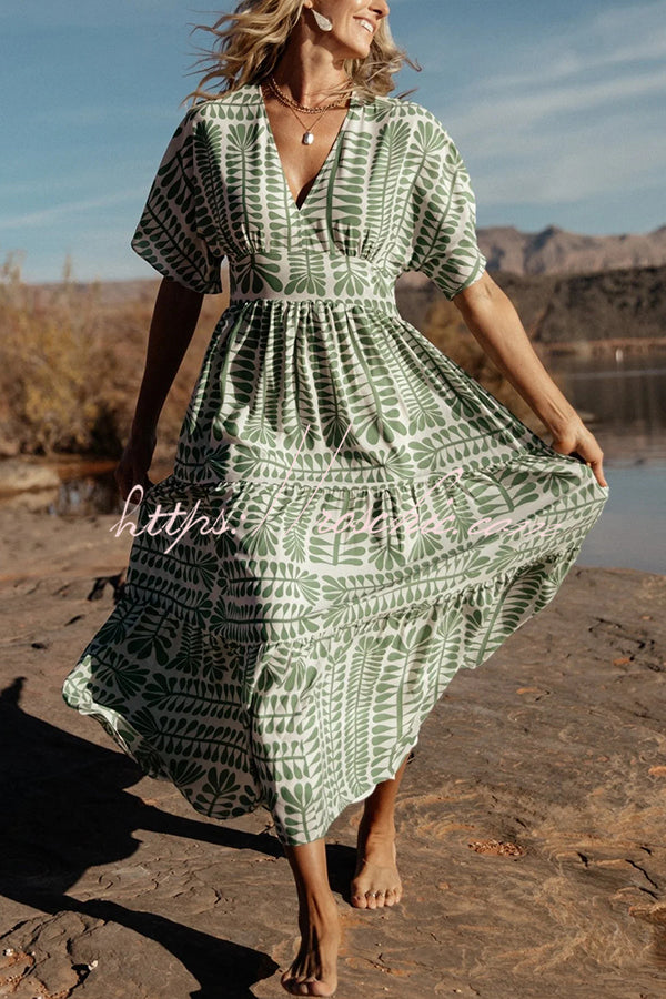 Bohemian Style Unique Printed Short Sleeve High Waist Midi Dress