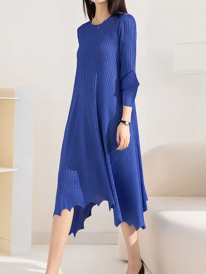 Irregular Clipping Loose Pleated Solid Color Round-Neck Midi Dresses
