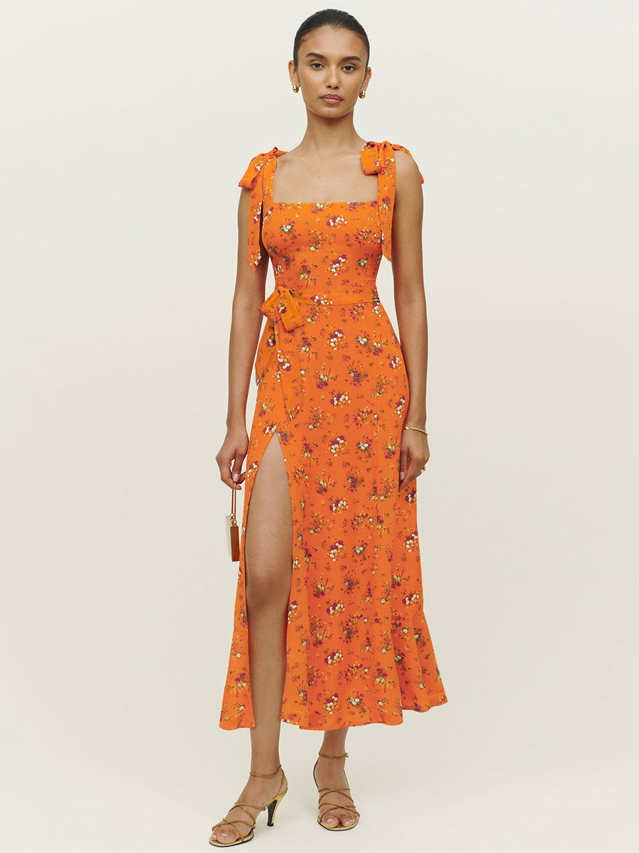 Floral Dress Sleeveless Casual High-slit Women Midi Dress