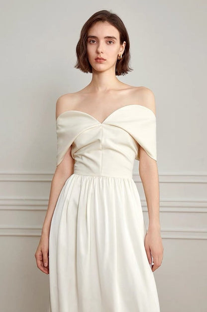Off the Shoulder Foldover Neckline Pleated A-Line Floor Length Maxi Dress