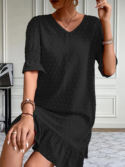 A-Line Flared Sleeves Elasticity Jacquard Pleated Solid Color Split-Joint V-Neck Mini Dresses