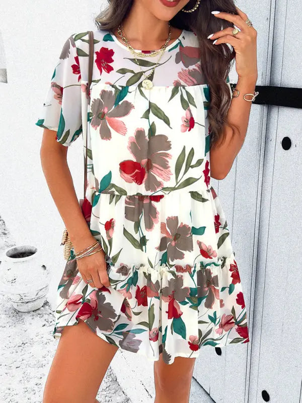 Botanical print short-sleeved tiered mini dress