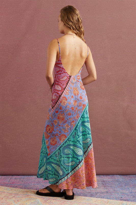 Paisley Sleeveless Contrast Color Midi Dress