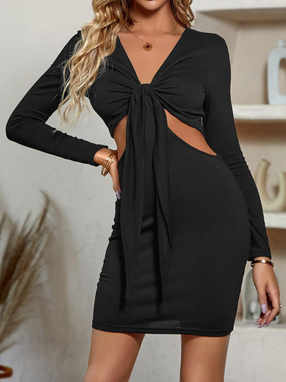 Long Sleeves Skinny Hollow Knot Solid Color Tied Deep V-Neck Mini Dresses