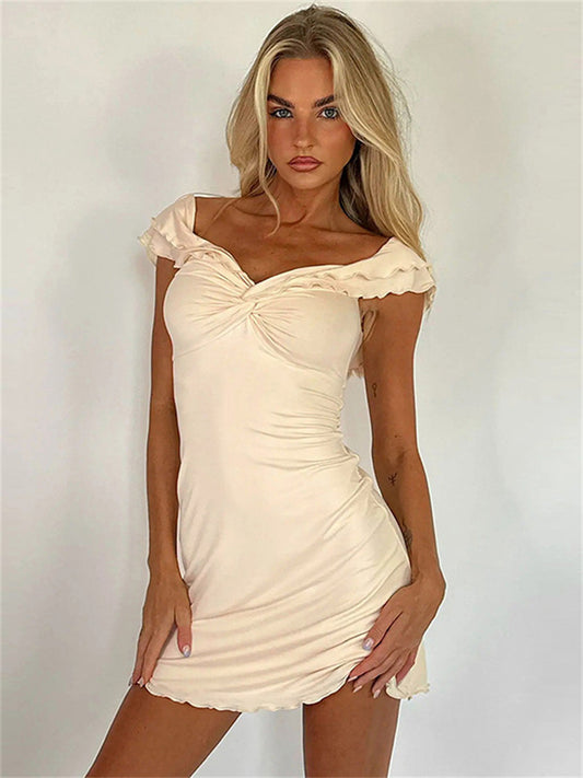 Tossy V-Neck Twist Backless Mini Dress – Ruffled Slim Patchwork Summer Casual Solid Bandage Dress for Women