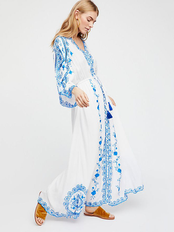 Boho Maxi Dress V Neck Long Sleeves Embroidered Summer Dress