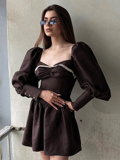 Skater Dresses Polyester Sweetheart Neck Lace Chocolate Cowboy Long Sleeves Flared Dress Mini Dresses