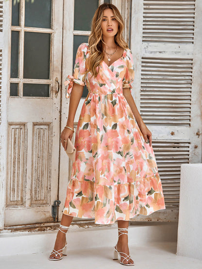 TANYA PAINTING FLORAL SHORT SLEEVE MAXI DRESS - PEACH