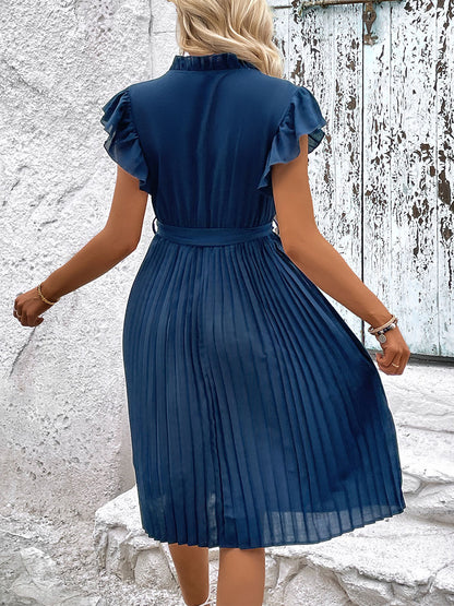 Summer Midi Dress Navy Blue Crewneck Pleated Beach Dress
