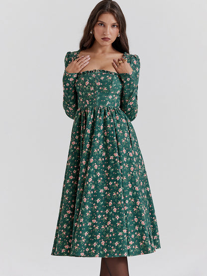 Dark Navy A-Line Dress Square Neck Backless Long Sleeves Day Midi Dresses