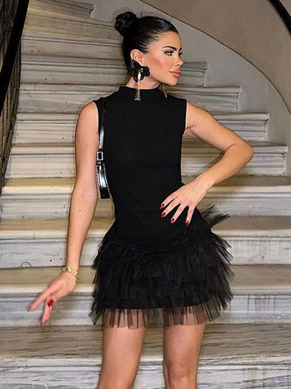 Summer Dress Mini Dresses Black High Collar Ruffles Organza Beach Dress