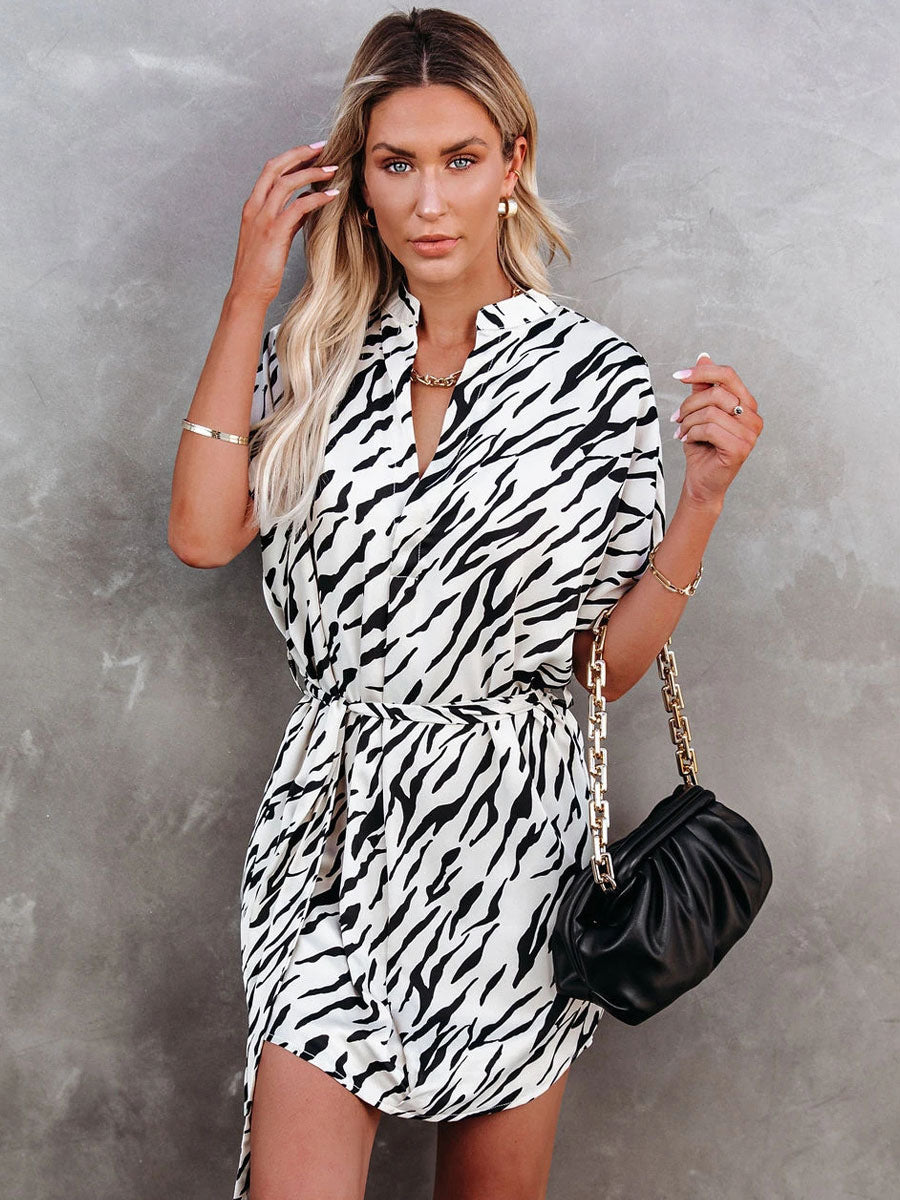 Shirt Dresses White V-Neck Off-The-Shoulder Short Sleeves   Animal Print Pattern Midi Dress