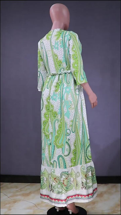 Maxi Dress V-Neck Half Sleeves Tatting Casual Printed Floor Length Dress