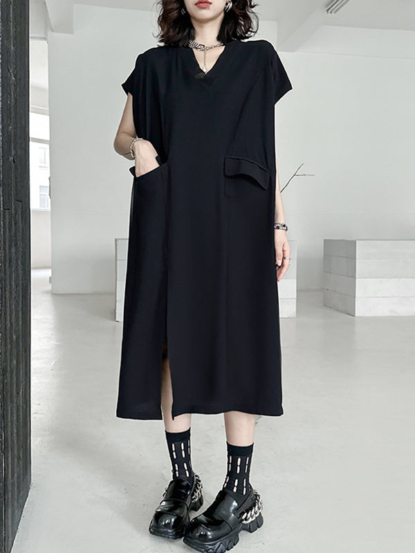 Loose Short Sleeves Asymmetric Solid Color Split-Joint Split-Side V-Neck Midi Dresses