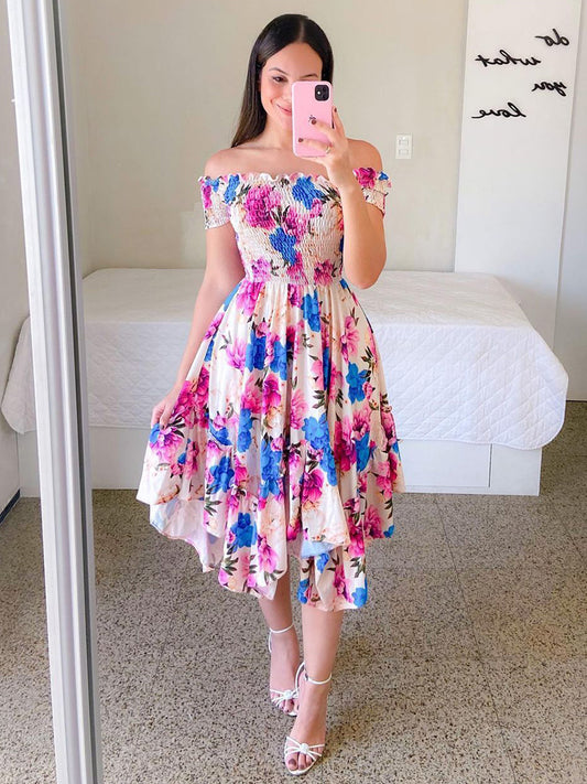 Handkerchief Dress Smocked Floral Off The Shouder Summer Midi Dresses