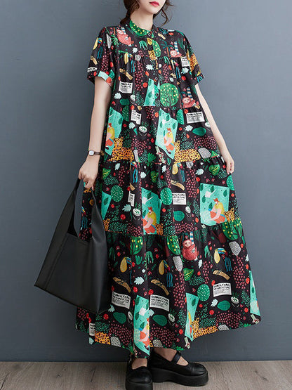 Loose Short Sleeves Buttoned Printed Split-Joint Stand Collar Midi Dresses