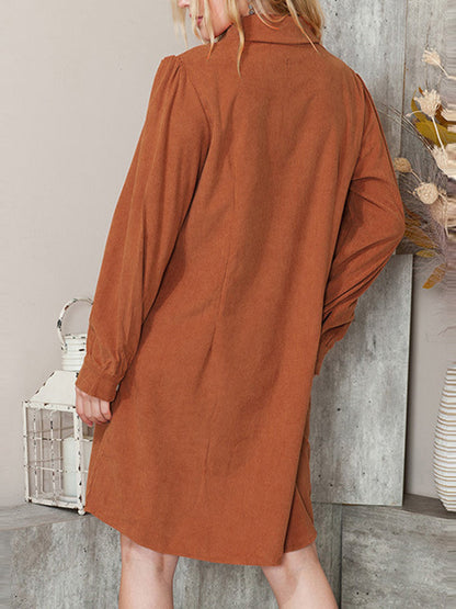 Long Sleeves Loose Pleated Split-Joint Lapel Mini Dresses Shirt Dress