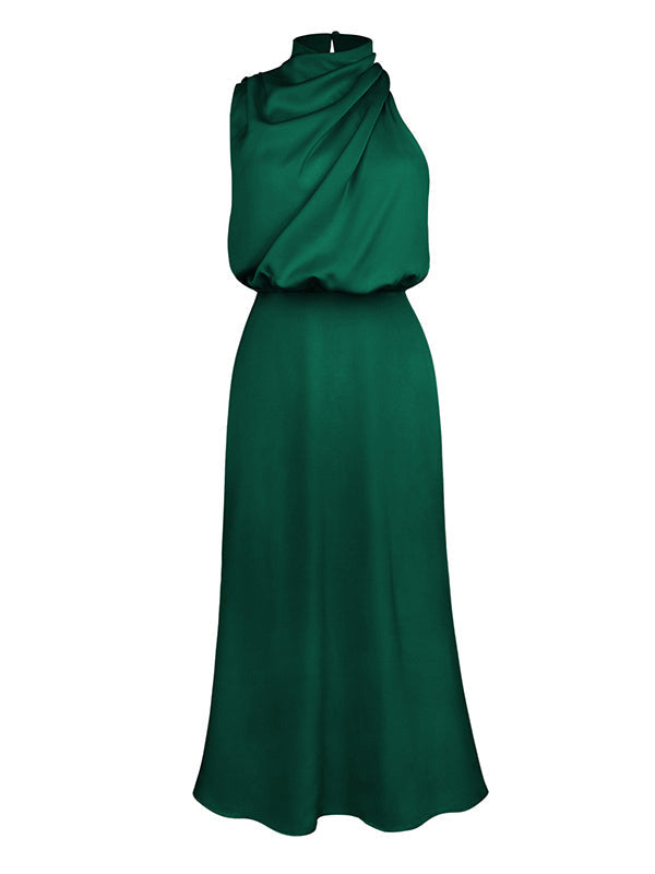 Sleeveless Solid Color Halter-Neck Midi Dresses