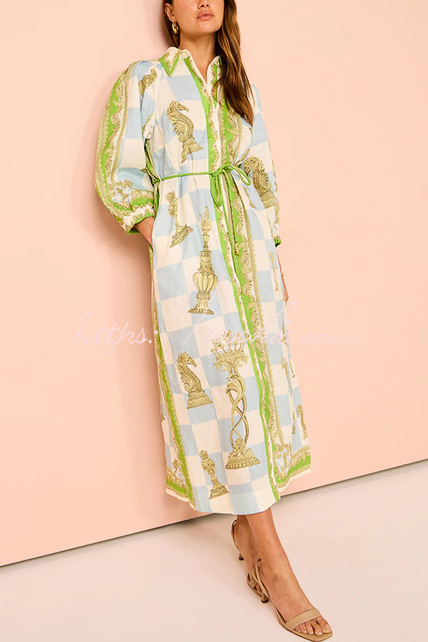 Unique Printed Long Sleeve Drawstring Pocket Shirt Midi Dress