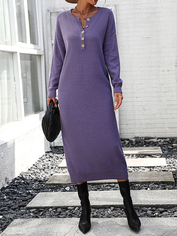 Long Sleeves Loose Buttoned Split-Joint Round-Neck Midi Dresses Sweater Dresses