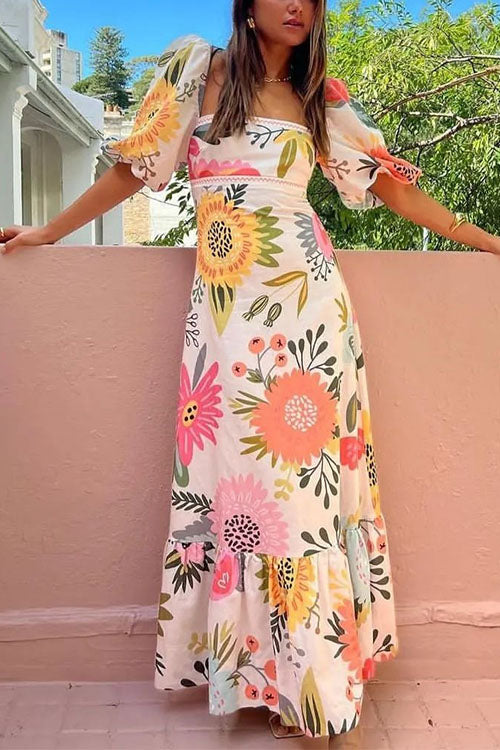 Square Collar Puff Sleeves Floral Print Cotton Linen Ruffle Maxi Dress