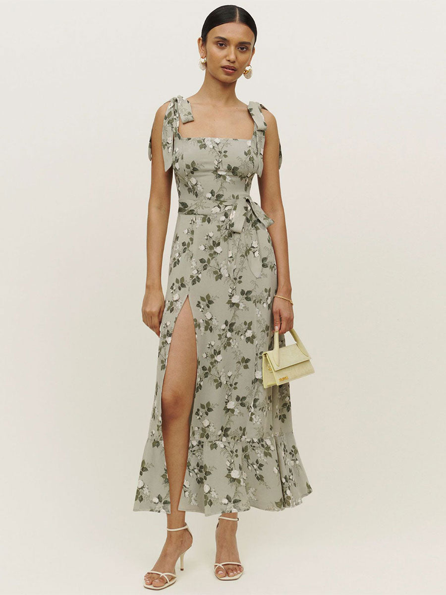 Floral Dress Sleeveless Casual High-slit Women Midi Dress