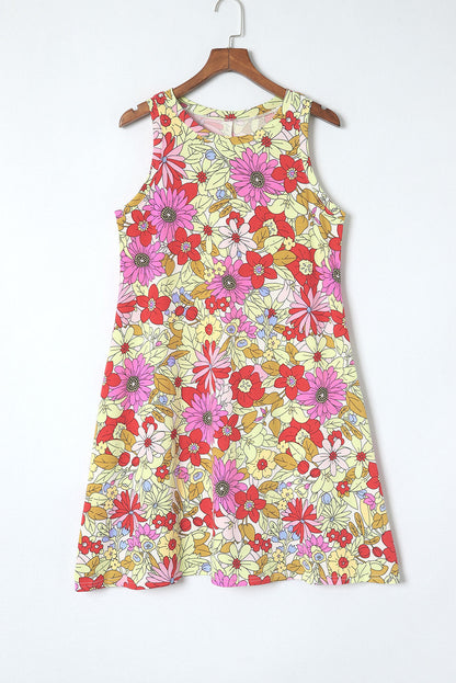 Red Round Neck Sleeveless Floral Mini Dress