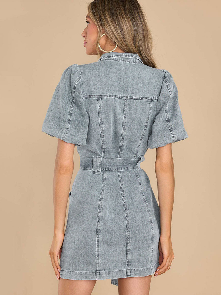Summer Mini Dresses Light Sky Blue Turndown Collar Sash Denim Beach Dress