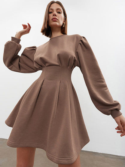 Party Dress Lantern Sleeves High Waist Solid Color A-Line Mini Dresses