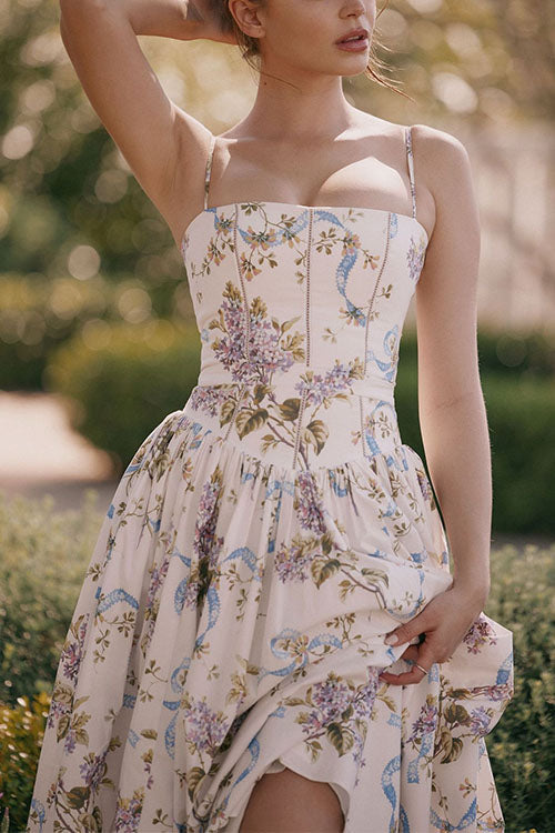 Spaghetti Strap Floral Print Bustier A-line Maxi Dress