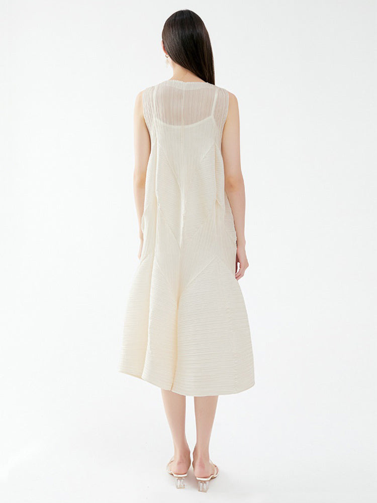 Summer Dress Sleeveless Patchwork Designed Neckline Midi Dress